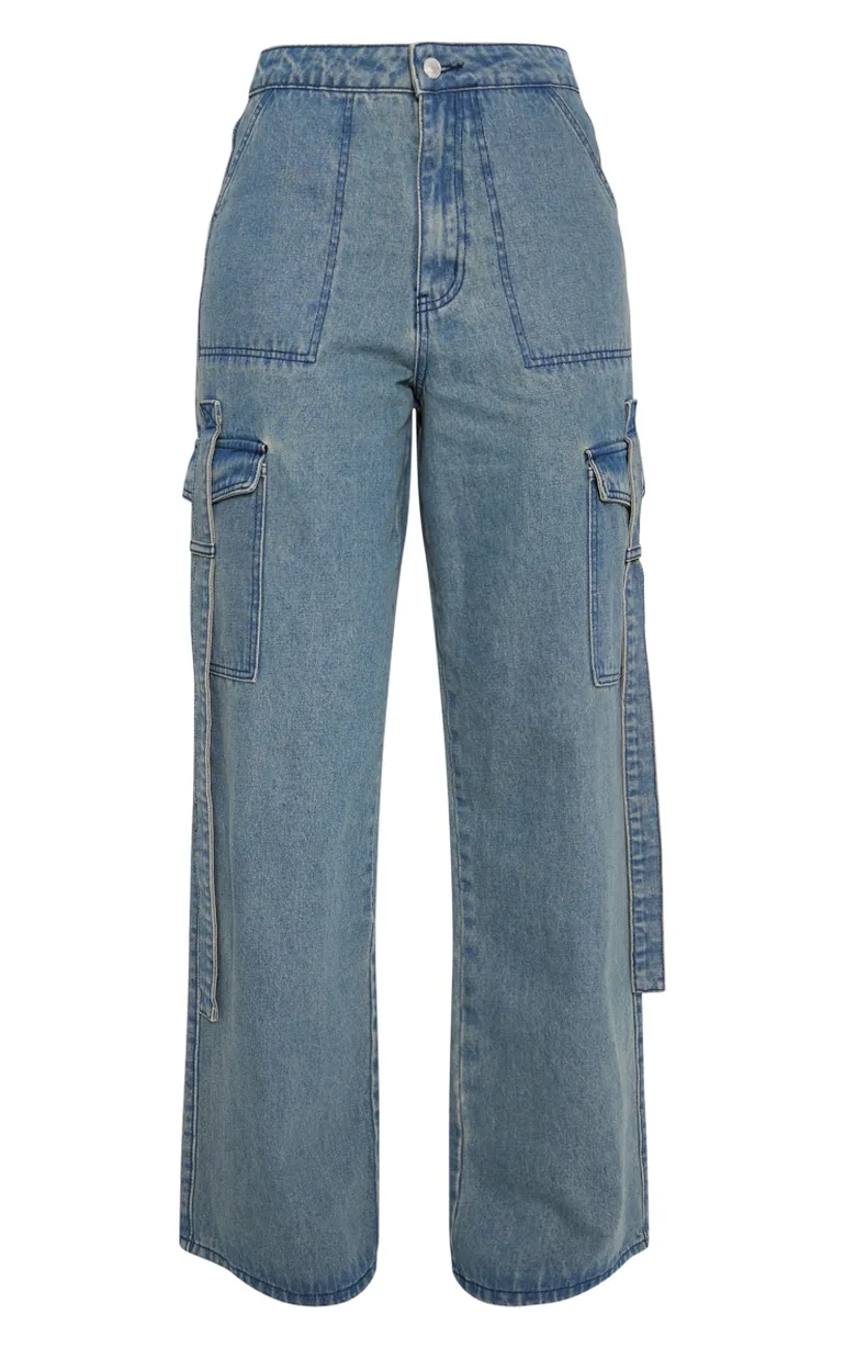 Tall Indigo Vintage Wash Denim Wide Leg Cargo Jeans - 4