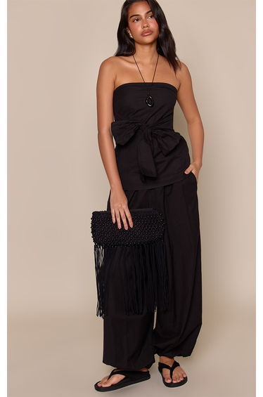Black Linen Tie Front Bandeau