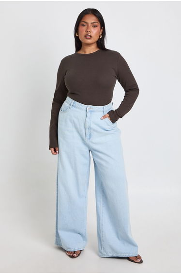 Plus Basic Rib Long Sleeve Fitted Longline Top - charcoal