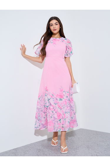 Floral Print Short Sleeves A-Line Maxi Dress