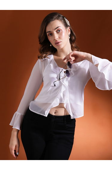 Ruffled Detail Tie-Up Neck Crop Top