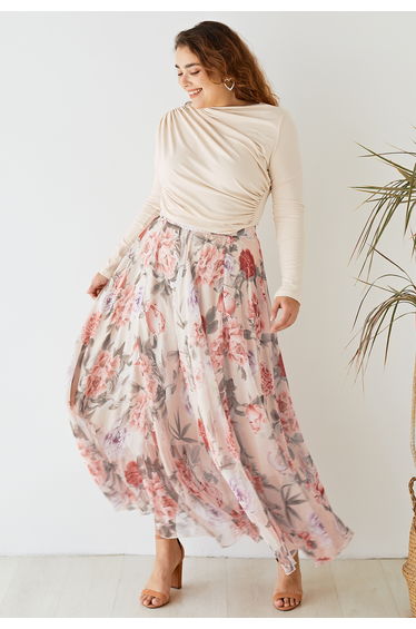 Splendid Peony Chiffon Maxi Skirt