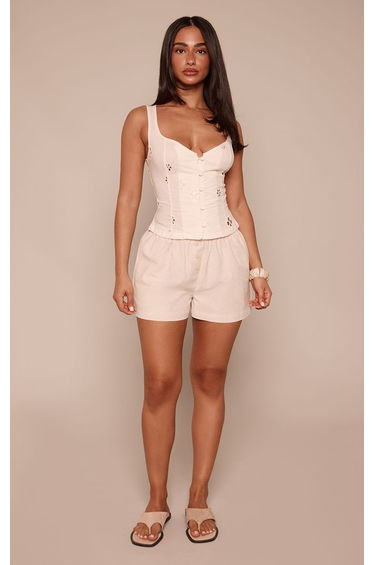 Petite Natural Button Detail Linen Look Boxer Shorts
