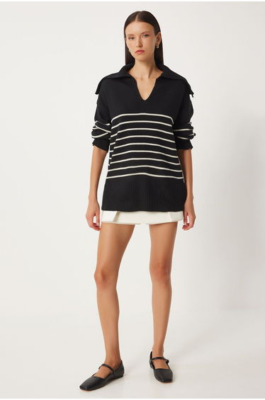 Women's Black Shawl Collar Striped Oversize Knitwear Sweater