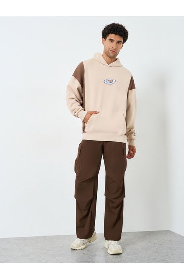 Men Beige Embroidered Panel Hoodie