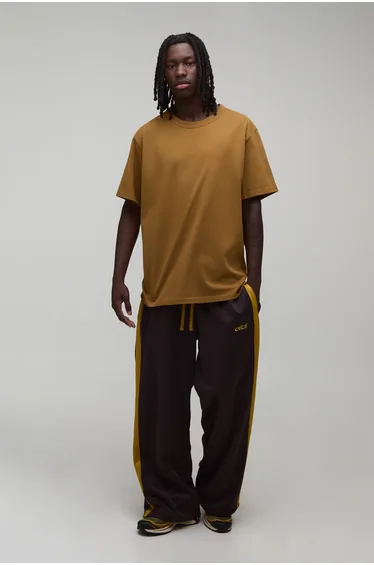 Wide Leg Embroidered Tricot Jogger - chocolate