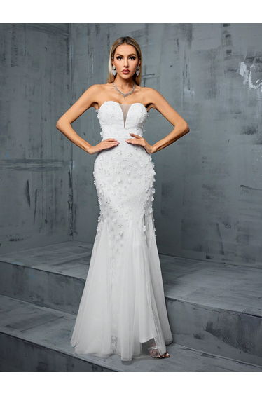 Leely White Strapless Mermaid Wedding Dress with High Slit