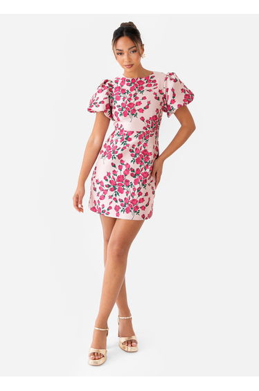 Maya Pink Floral Jacquard Short Puff Sleeve Mini Dress