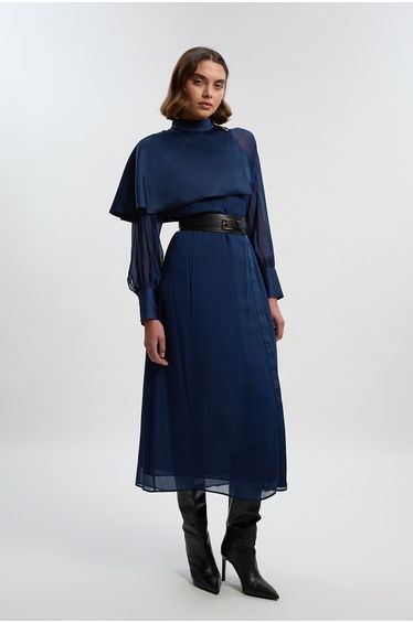 Military Sheer Cape Detail Woven Maxi Dress