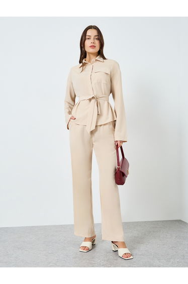 Women Beige Belted Top and Wide Leg Trousers Co-Ords
