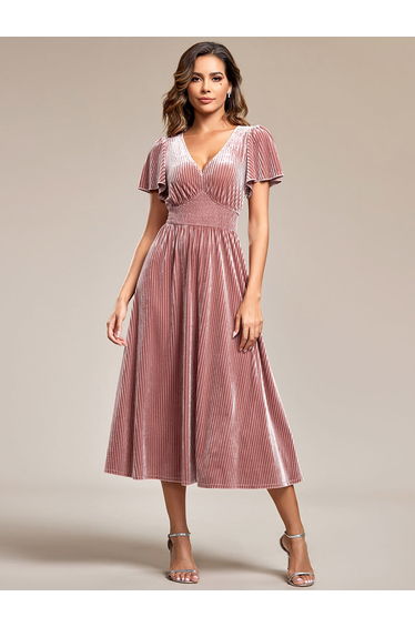 ever AZALEA|Graceful V-Neck Waist Design Short Sleeves Fall Velvet Midi Wedding Guest Dress