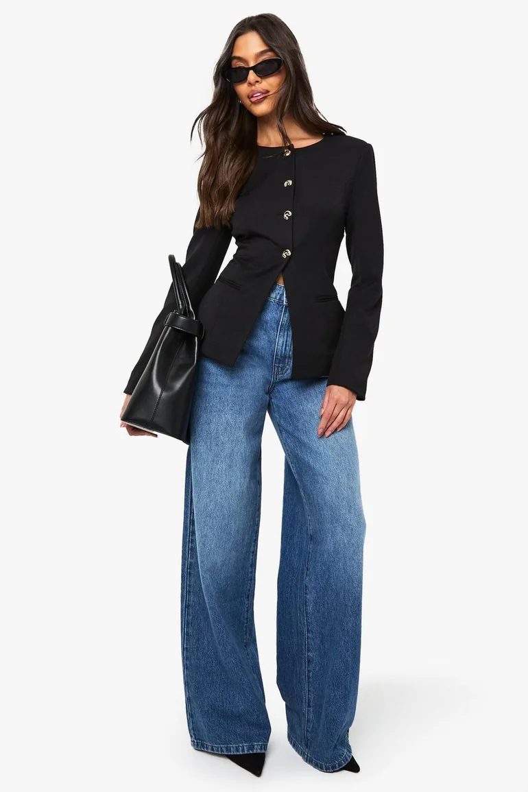 Gold Trim Collarless Tailored Blazer - black - 2