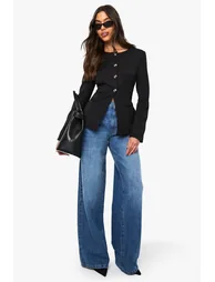 Gold Trim Collarless Tailored Blazer - black - 2