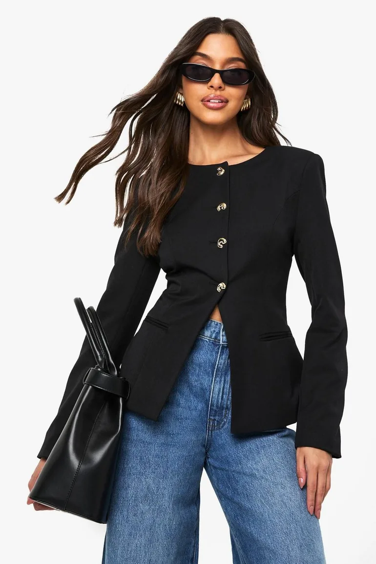 Gold Trim Collarless Tailored Blazer - black