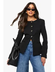 Gold Trim Collarless Tailored Blazer - black