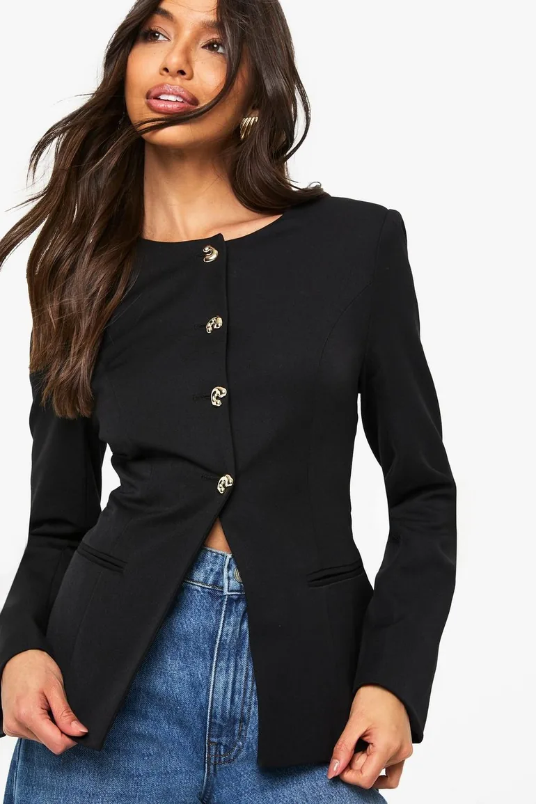 Gold Trim Collarless Tailored Blazer - black - 3