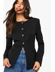Gold Trim Collarless Tailored Blazer - black - 3