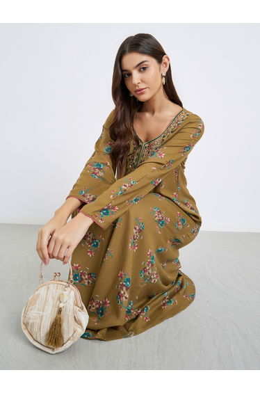 Multi Thread Embroidery Jalabiya with Floral Print