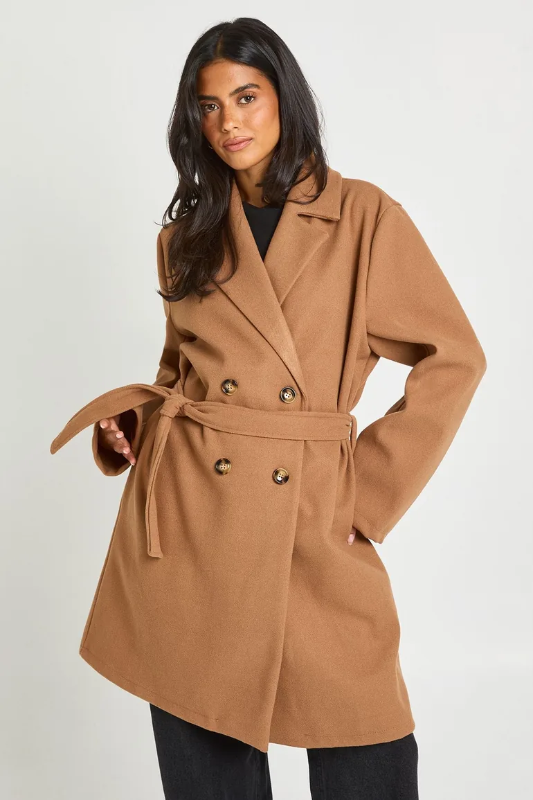 Belted Double Breasted Wool Look Coat - camel - 1