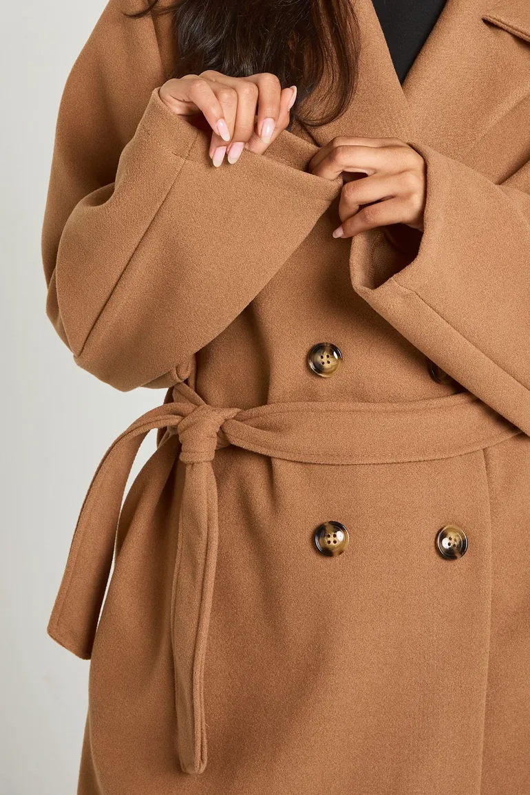 Belted Double Breasted Wool Look Coat - camel - 3