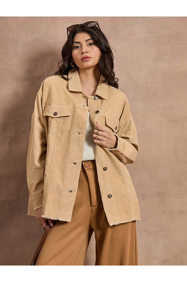 Textured Corduroy Oversized Shacket with Pockets