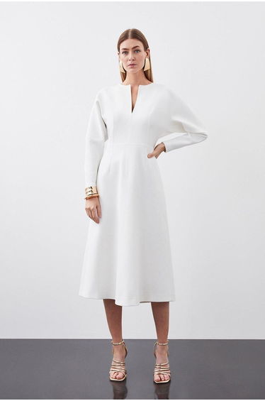 Structured Crepe Tailored Keyhole Rounded A Line Midi Dress