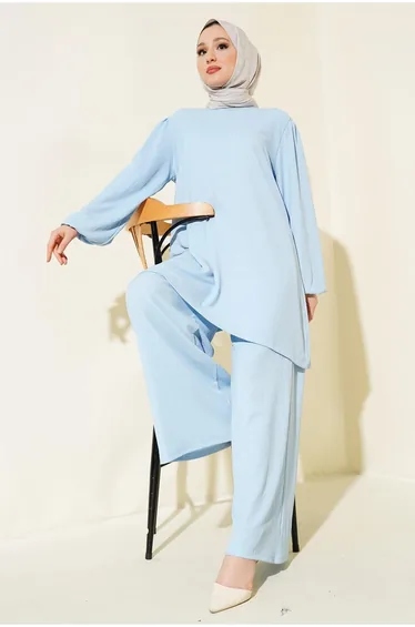 Women's Blue Tunic Pants Bottom Top Set