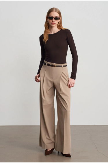 Dilvin Women's Belted Wide-leg Crepe Trousers