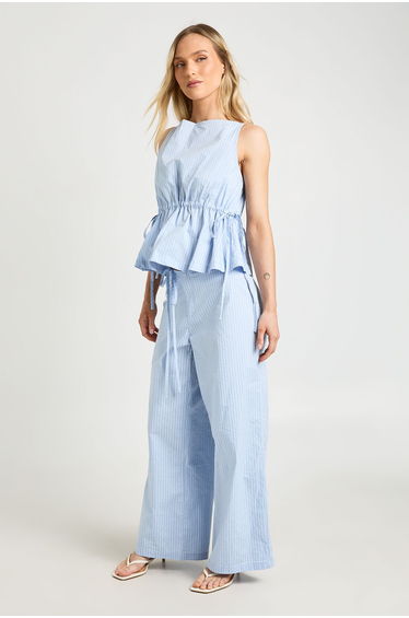 Petite Low Rise Tie Detail Straight Leg Trouser - blue