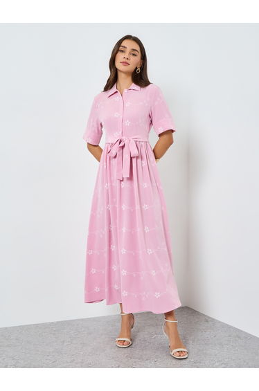 Women Pink Floral Print Shirt Maxi Dress