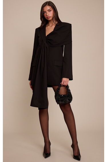 Black Woven Scarf Detail Blazer Dress