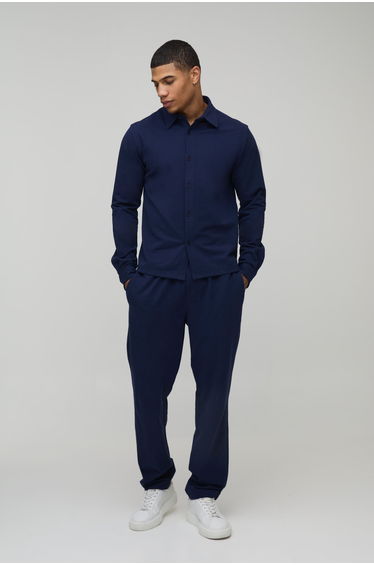 Regular Fit Long Sleeve Shirt and Tapered Trouser Set - navy