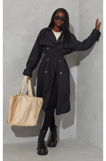 Tall Black Oversized Belted Midi Trench