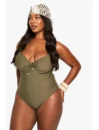 Plus Shell Trim Ruched Cup Underwire Swimsuit - khaki - 1