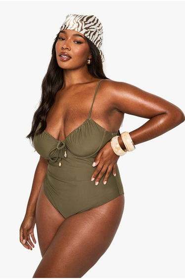 Plus Shell Trim Ruched Cup Underwire Swimsuit - khaki