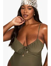 Plus Shell Trim Ruched Cup Underwire Swimsuit - khaki - 2