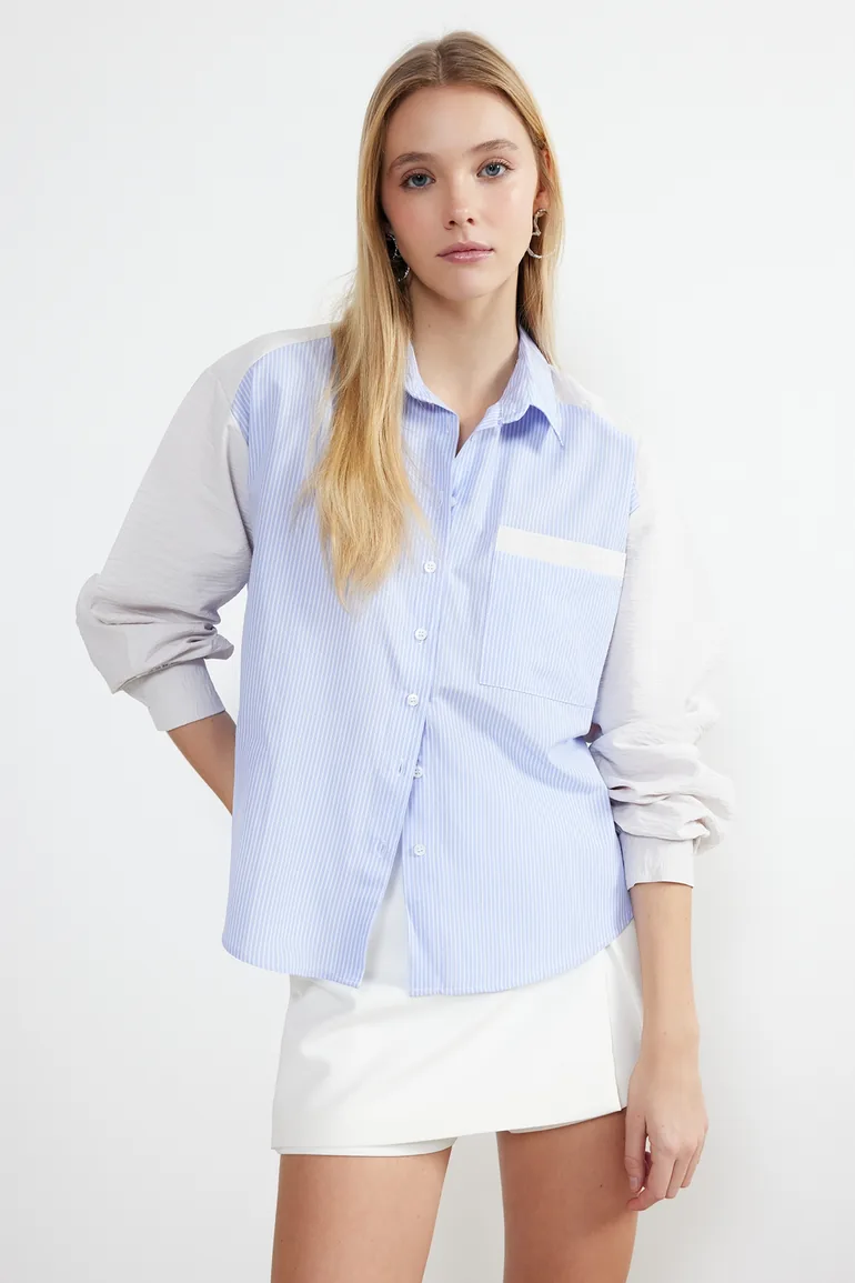 Blue Striped Color Blocked Oversize/Wide Fit Woven Shirt - 1