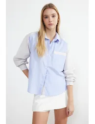 Blue Striped Color Blocked Oversize/Wide Fit Woven Shirt - 1