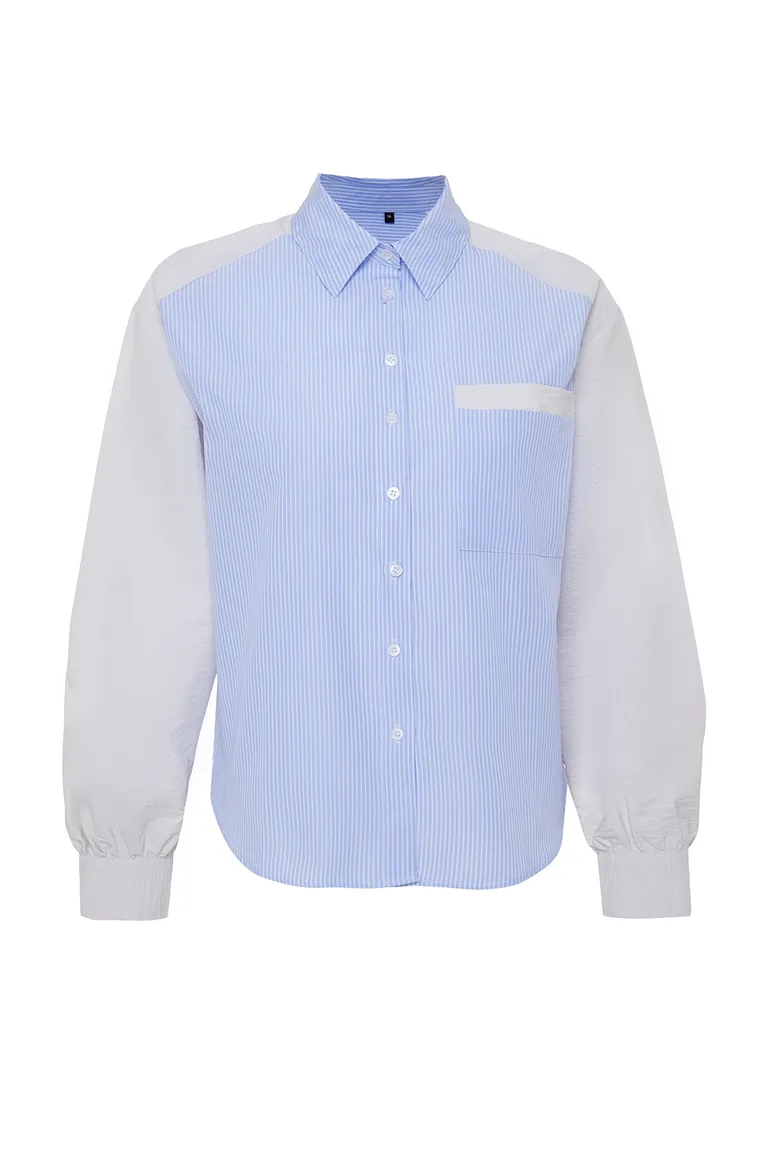 Blue Striped Color Blocked Oversize/Wide Fit Woven Shirt - 6