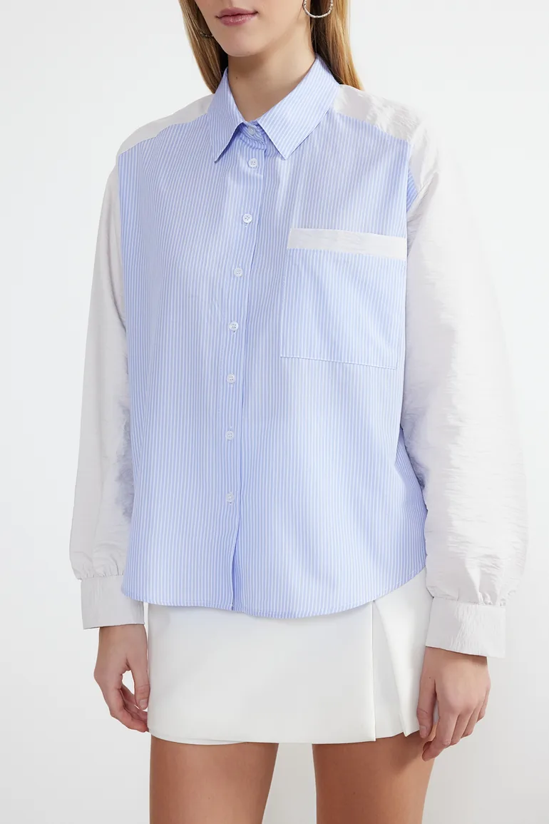 Blue Striped Color Blocked Oversize/Wide Fit Woven Shirt - 2