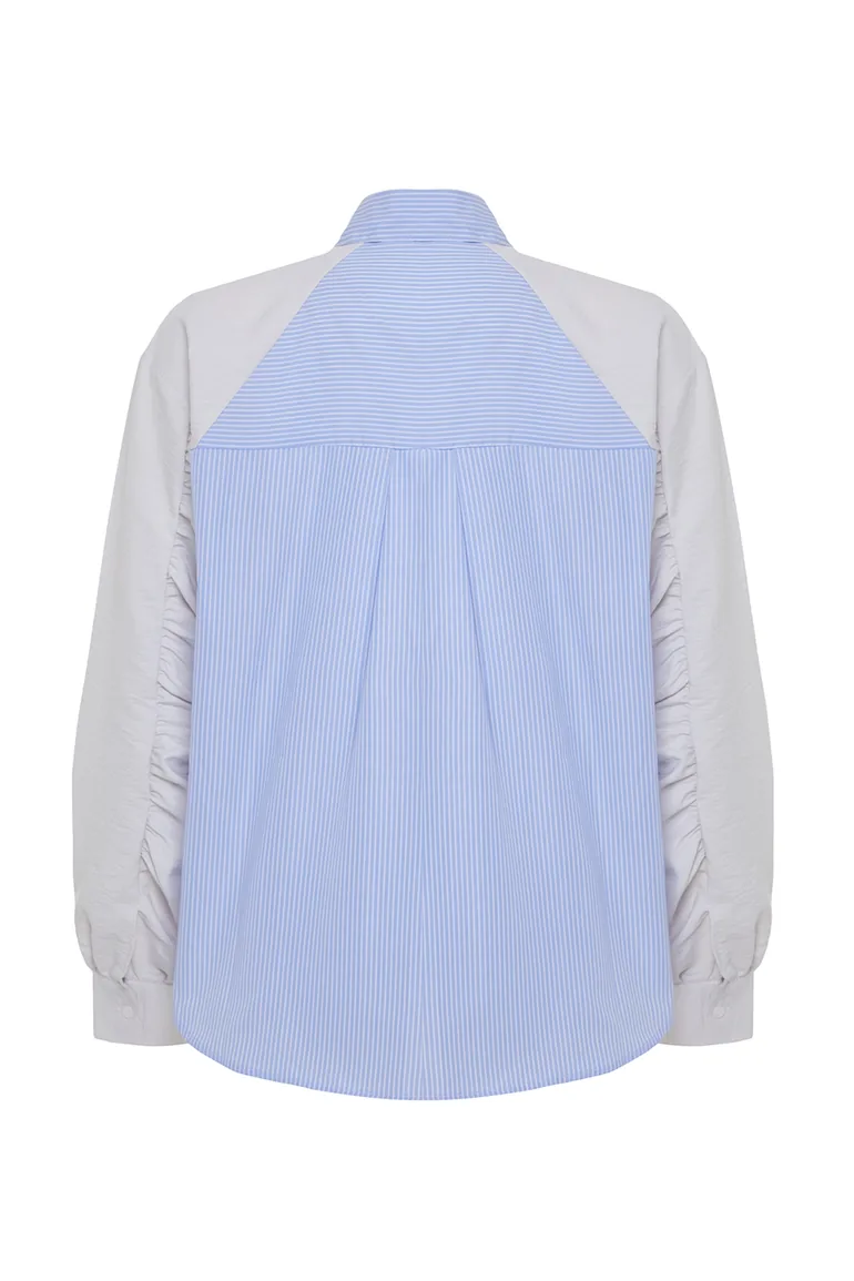 Blue Striped Color Blocked Oversize/Wide Fit Woven Shirt - 7