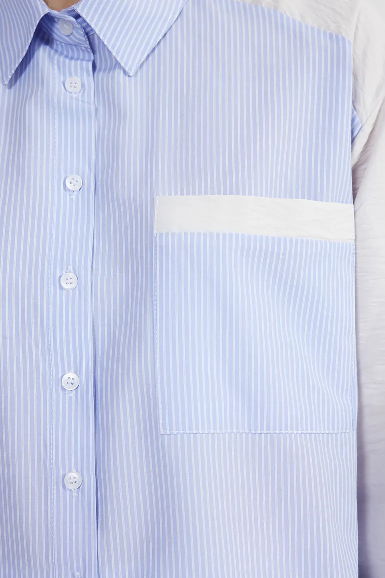 Blue Striped Color Blocked Oversize/Wide Fit Woven Shirt - 3