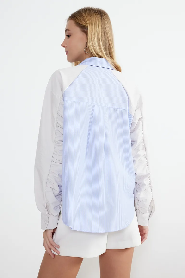 Blue Striped Color Blocked Oversize/Wide Fit Woven Shirt - 5
