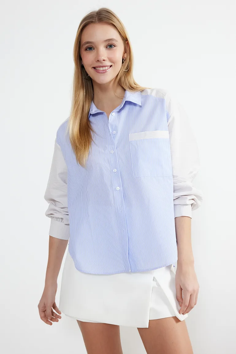 Blue Striped Color Blocked Oversize/Wide Fit Woven Shirt