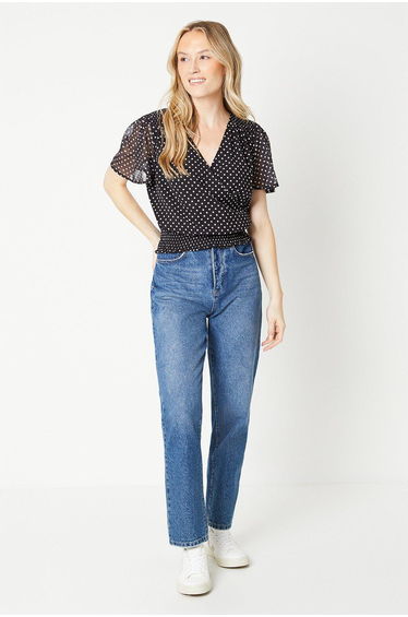 Spot Chiffon Shirred Hem Blouse