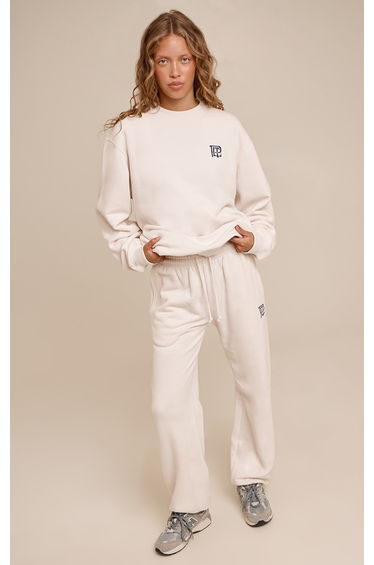 Cream PLT Embroidered Cotton Fleece Cuffed Sweat Pants