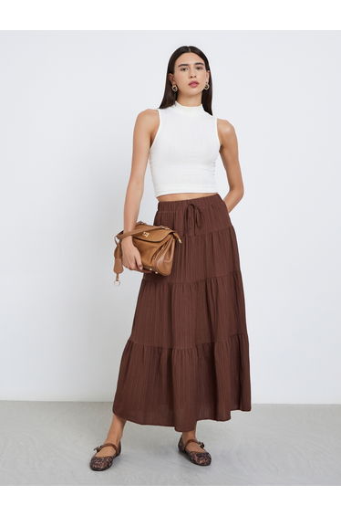Brown Solid Tiered Maxi Skirt