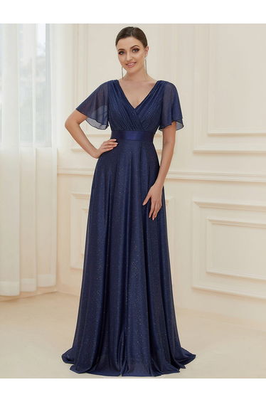 ever LIORÉ|Plus Size V Neck Ribbon Waist Formal Evening Dress With Sleeves