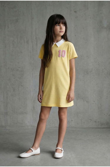 Yellow Girl 100% Cotton Embroidered Shirt Collar Short Sleeve Short Knitted Dress