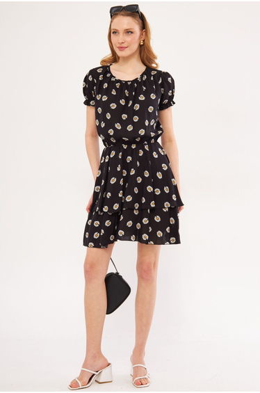Women's Black Endeka Dress Collar Gathered Sleeve and Elastic Waist Skirt Layered